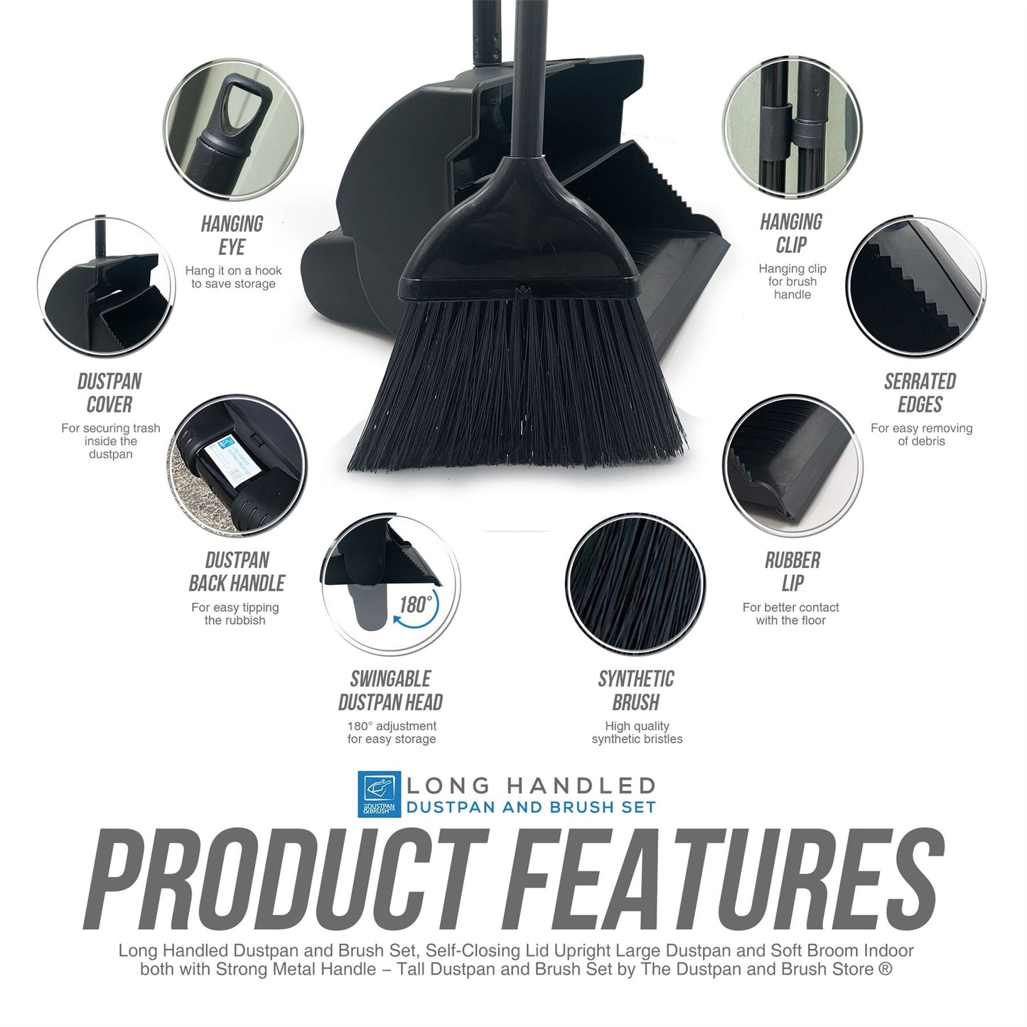 Black Long Handle Dustpan and Brush Set – Strong Metal Handle