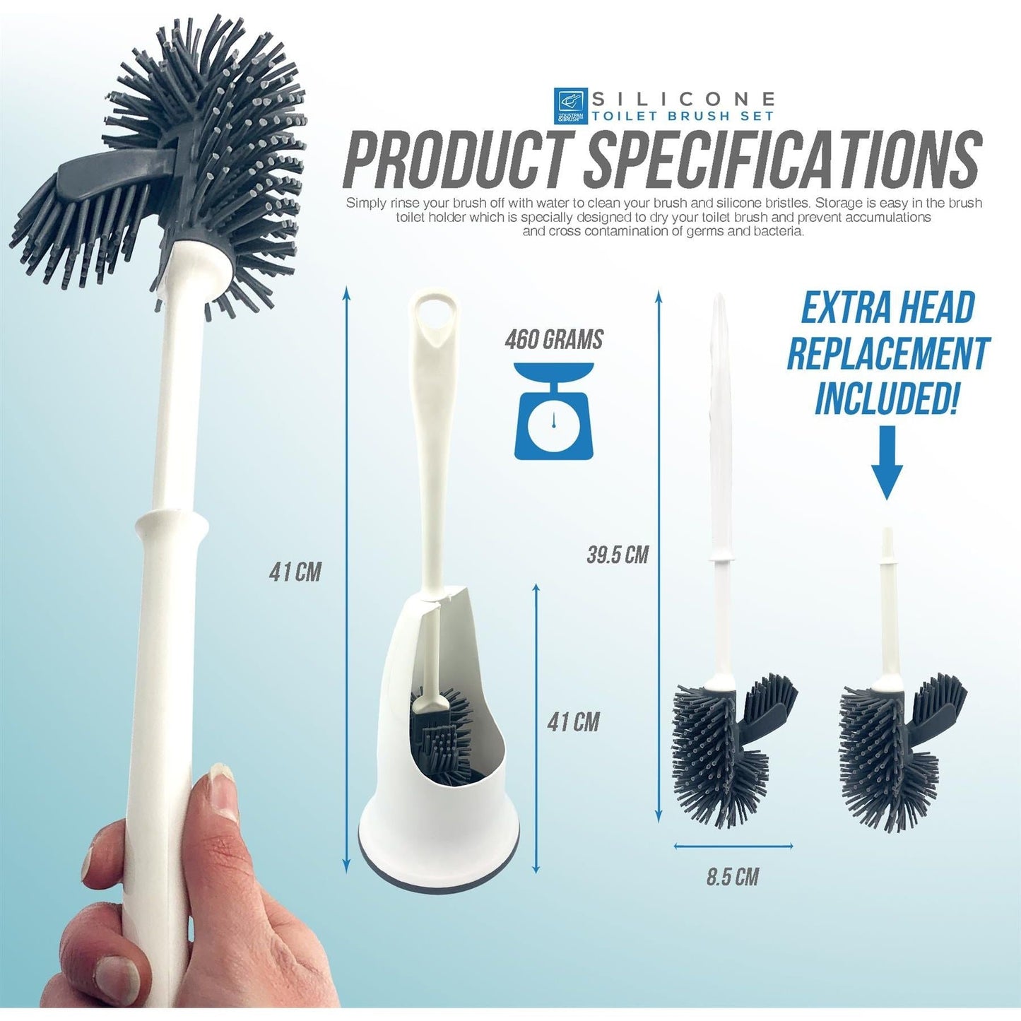 Silicone Toilet Brush and Holder Set with Spare Brush Head
