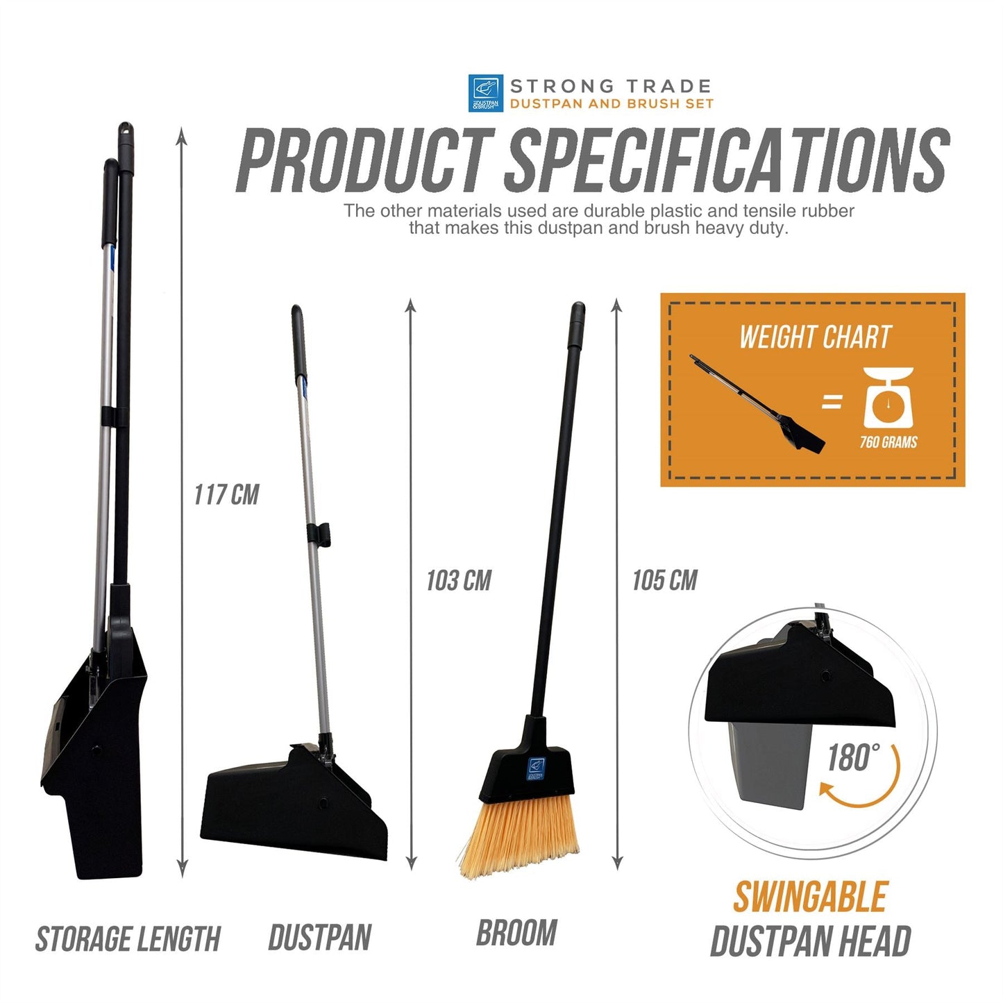 Heavy Duty Long Handle Dustpan and Brush Set with Stiff Bristles