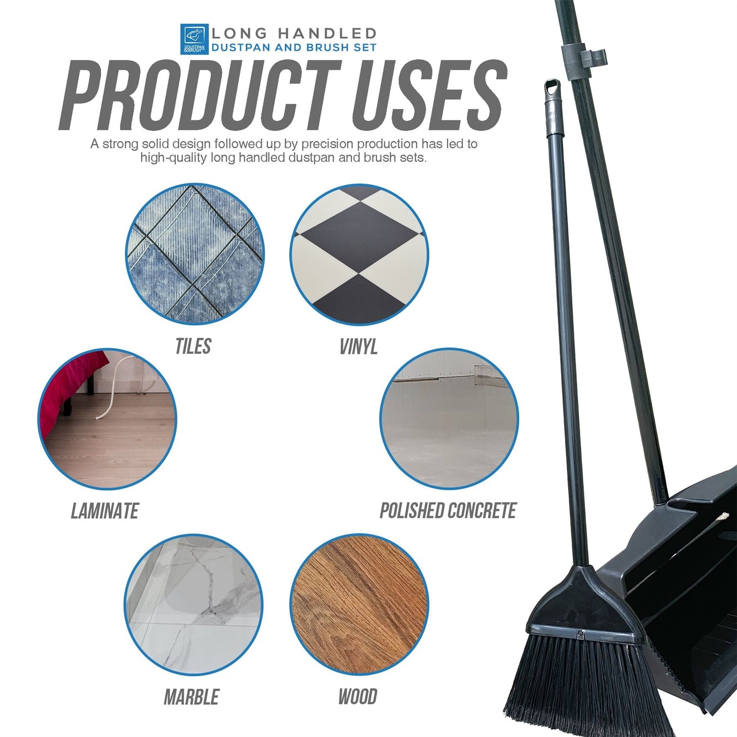 Black Long Handle Dustpan and Brush Set – Strong Metal Handle