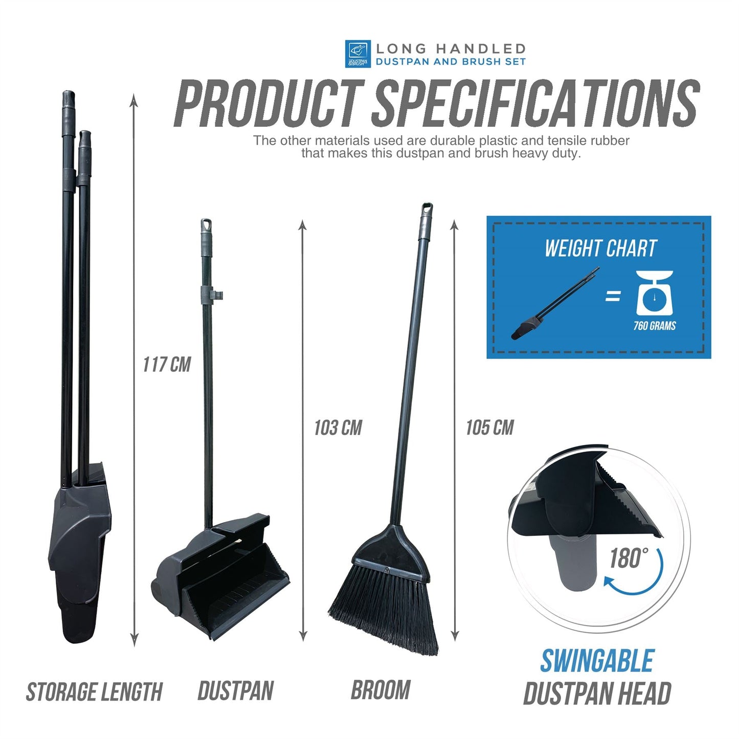 Black Long Handle Dustpan and Brush Set – Strong Metal Handle