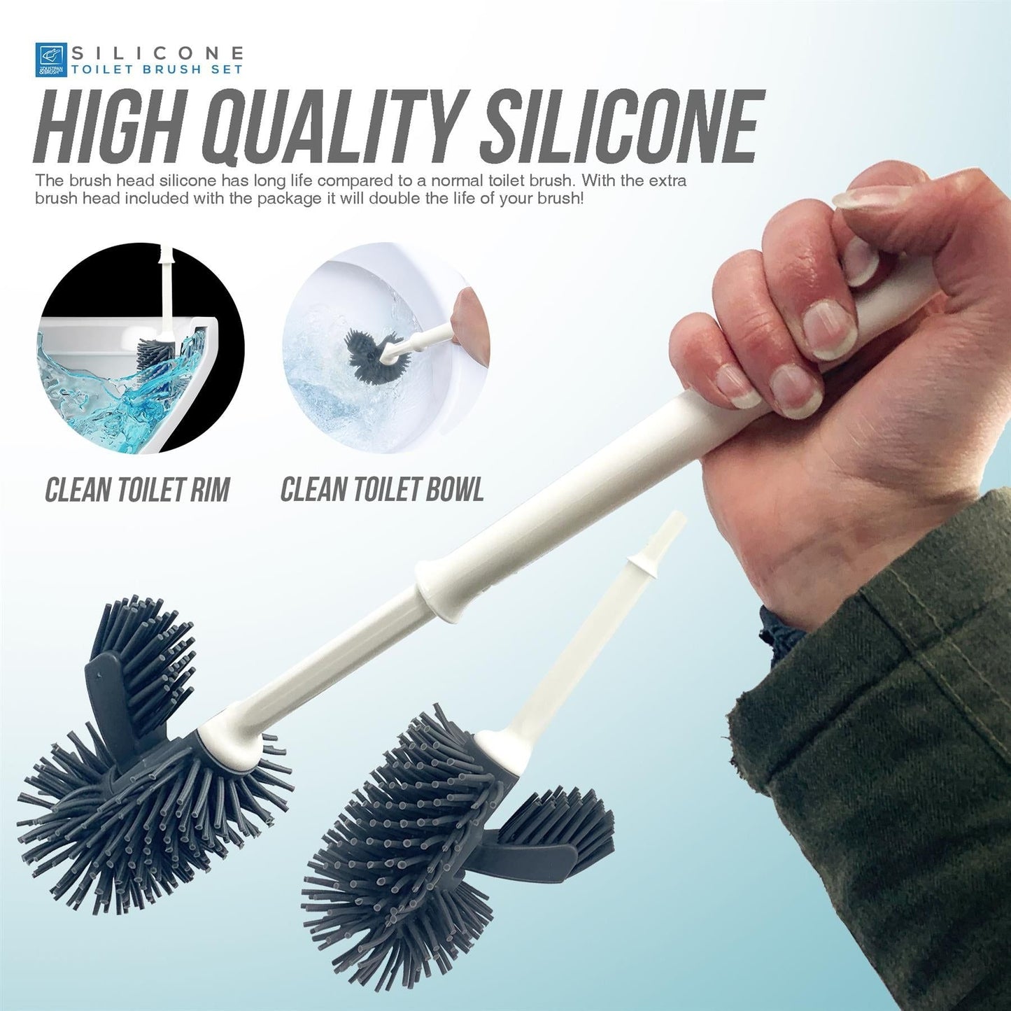 Silicone Toilet Brush and Holder Set with Spare Brush Head