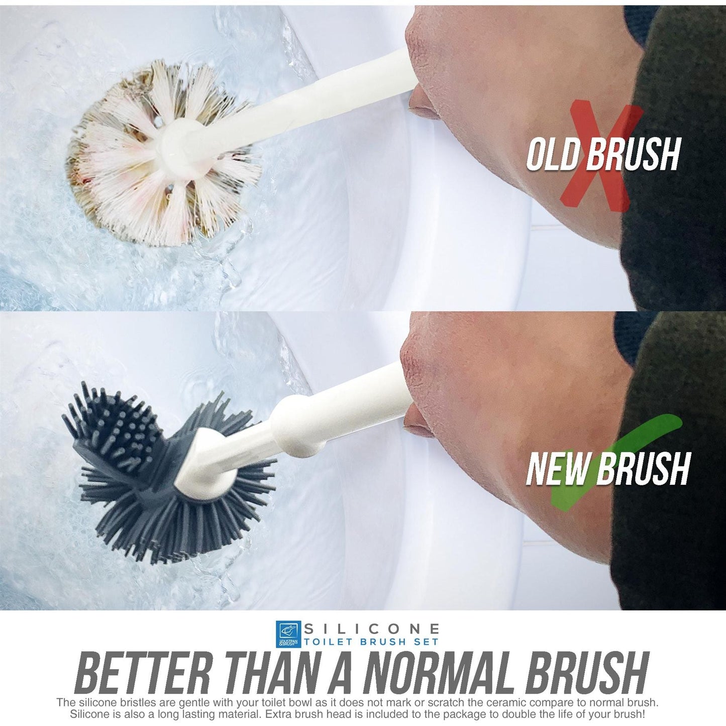 Silicone Toilet Brush and Holder Set with Spare Brush Head