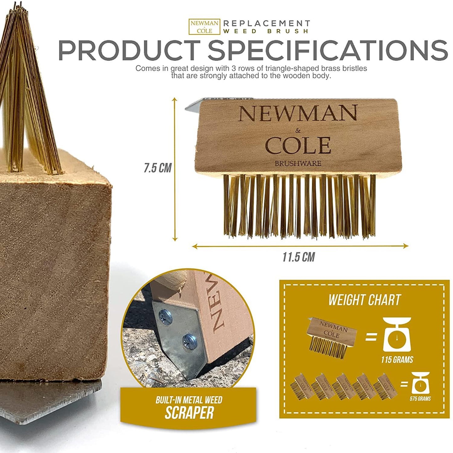 Newman and Cole Wooden Weed Brush Heads with Scraper – Pack of 5