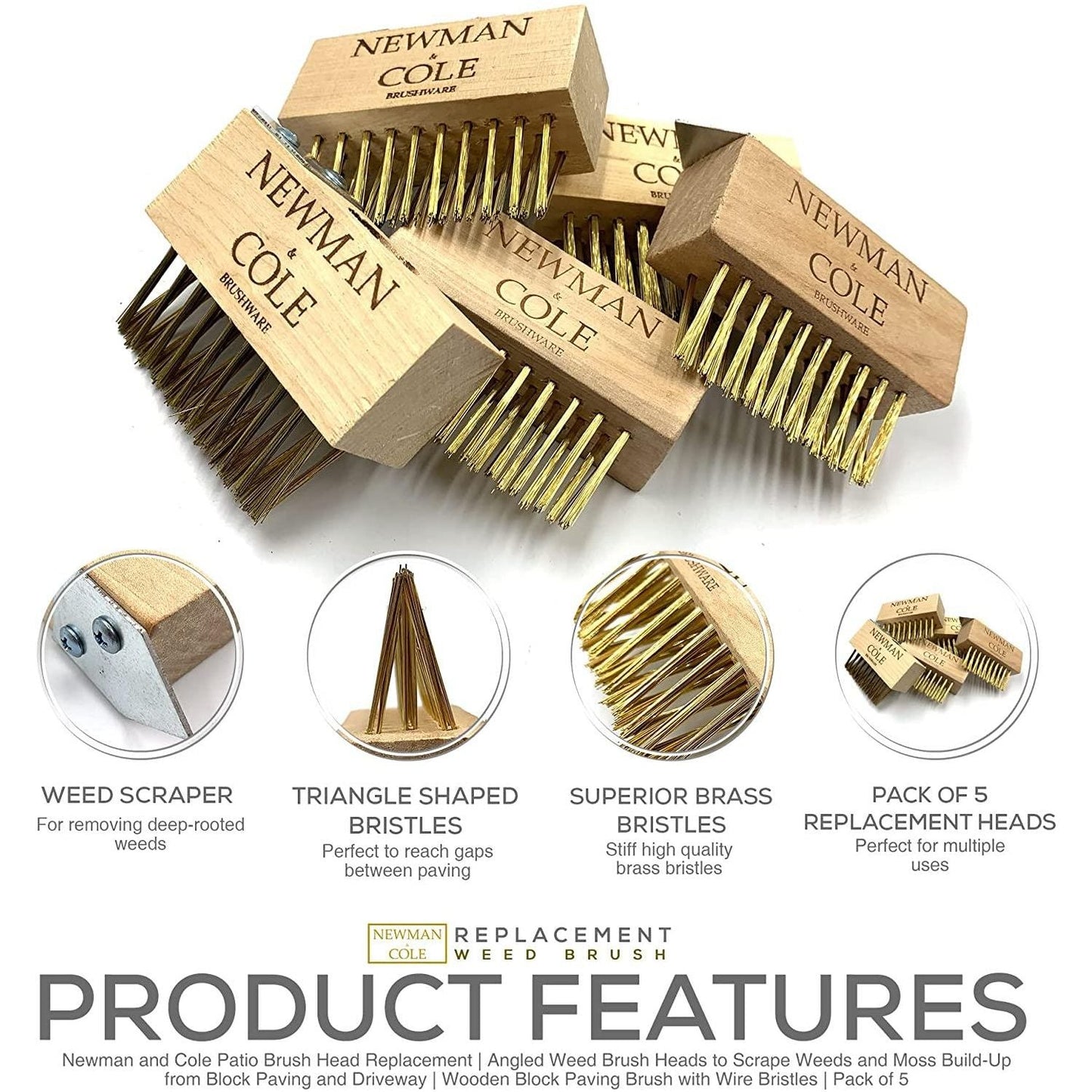 Newman and Cole Wooden Weed Brush Heads with Scraper – Pack of 5