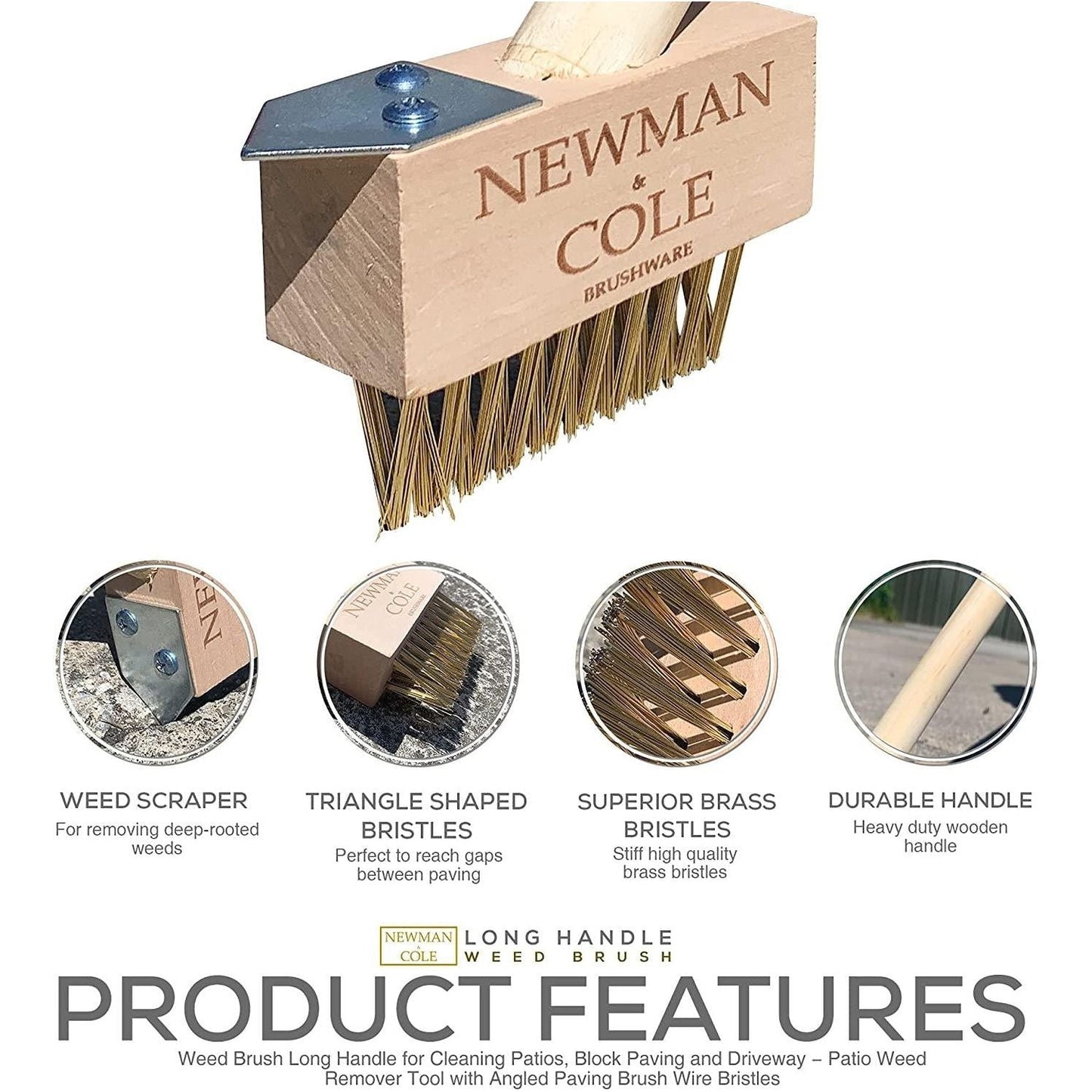 Newman and Cole Weed Brush Head with Scraper and Wooden Handle