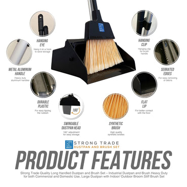 Heavy Duty Long Handle Dustpan and Brush Set with Stiff Bristles