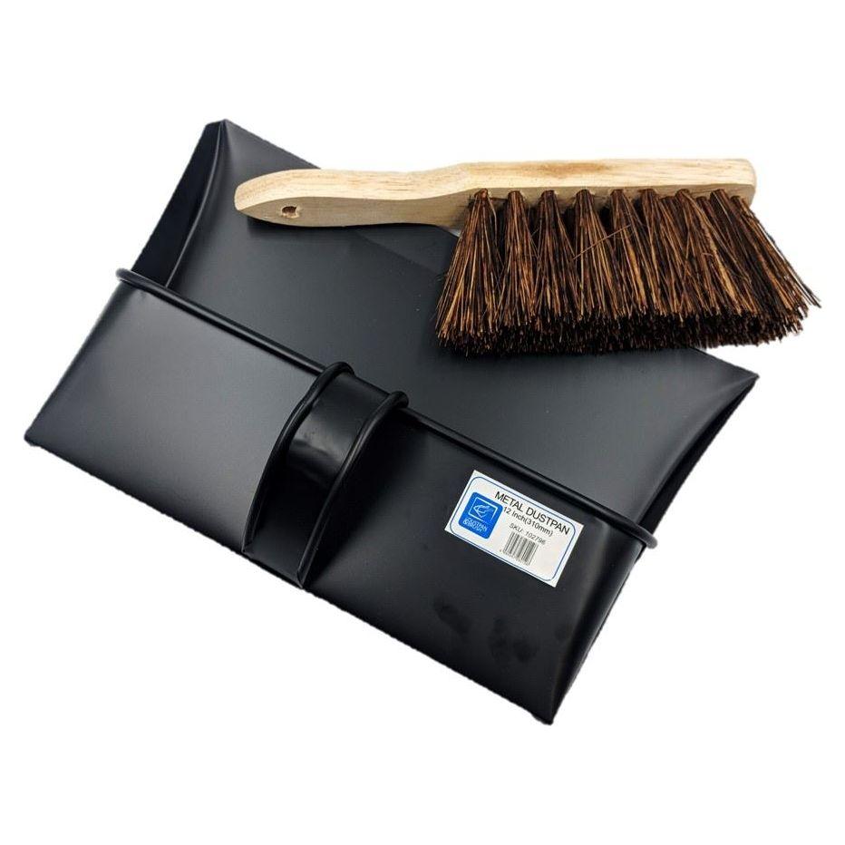 Metal Dustpan and Brush Set – Traditional Strong Hooded Dustpan with Stiff Hand Brush