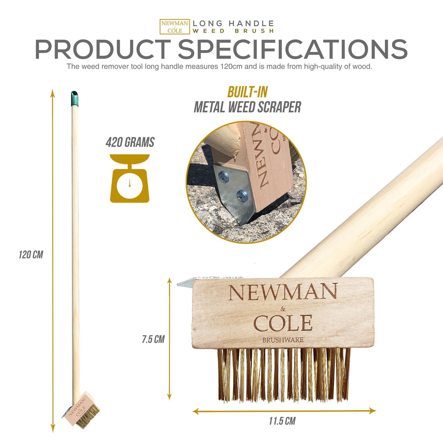 Newman and Cole Weed Brush Head with Scraper and Wooden Handle